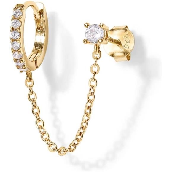 14K Gold Chain Earrings Women Double Piercing Dangle Chain Huggie Hoop Earrings - Picture 1 of 5